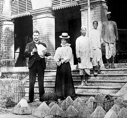 Surgeon-Major Ross with his wife and assistants outside the Calcutta laboratory where he carried out his research, photographed in 1898.