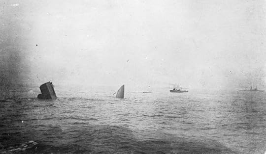 The bow and stern of HMS Invincible standing upright on the bed of the North Sea after being sunk during the Battle of Jutland