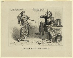 President Abraham Lincoln is blamed for the Civil War's huge human toll and for deflecting the issue with his notorious storytelling in this 1864 cartoon by Joseph E. Baker.