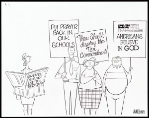 Ann Telnaes' cartoon, distributed by Tribune Media Services on June 20, 2003, juxtaposes the view of some Americans about the role of religion in our society with that of the Iranians.
