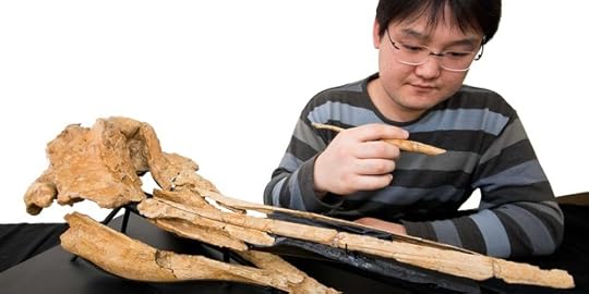 PhD student Yoshi Tanaka with the dolphin fossil. Photo / supplied