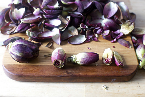 peeled and halved baby artichokes