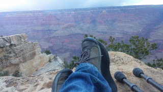 Benjamin Rubenstein wearing his lifted Keen sneakers at Grand Canyon
