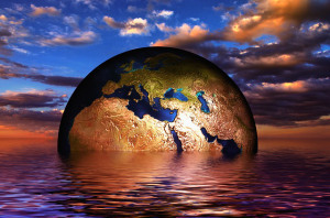 A CG image of Earth sinking into the sea.