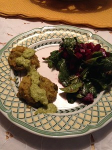 potatoe cakes and beet and romaine salad