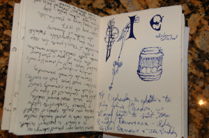 A bay window sketch, and some illuminated letters.