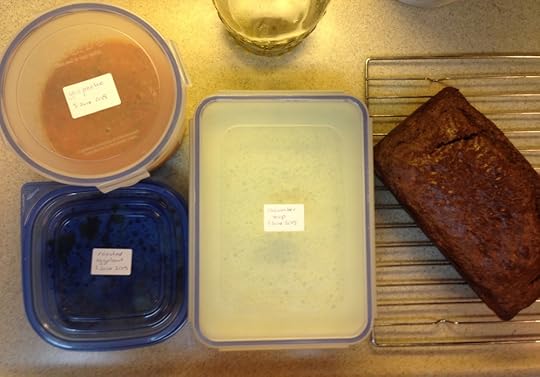 Gazpacho, roasted eggplant, cucumber soup, and zucchini bread.