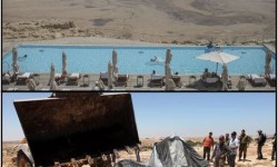 Top: Israelis swimming in a pool overlooking the Negev desert (Uriel Sinai/New York Times). Bottom: Palestinians watch helplessly as an Israeli bulldozer destroys their water cistern in the occupied West Bank (Abed Al Hashlamoun/EPA).