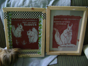 Pre-print Robots, post-print Interns, with discerning critic Danger Crumples. It is possible to remove the designs from screens, it’s called “reclaiming.” I am able to keep my designs on the screens by only washing out the ink when I’m done printing. Cold water takes out the ink, hot water is required to remove screen filler.