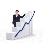 business entrepreneur with a graphics chart over a white background with a tiled floor