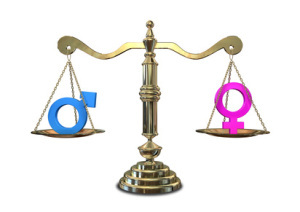 A gold justice scale with the two different gender symbols on either side balancing each other out