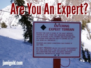 Black diamond ski warning for Expert Terrain with text: Are You An Expert?