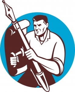 A manly man writer holding a giant pen like a weapon and a scroll of paper as a shield