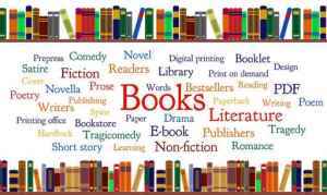 Books word cloud and books on shelf