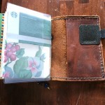 The pen loop is made by Leuchtturm. The card pocket is Midori. I made the insert behind it -- it's graph paper with a cover made out of an old wallpaper sample.