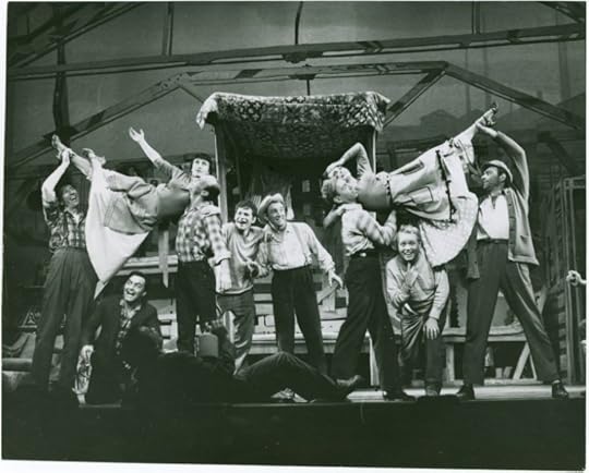 Guy Raymond (George Herman), Annabelle Gold (Sonya), Keith Kaldenberg (Red), Nicolas Orloff (Dizzy), Don Weissmuller (Slim), Mike Kellin (Hazel), G.D. Wallace (Mac), Gene Kevin (Slick), Jenny Workman (Kitty), Hobe Streiford (Whitey) and Warren Kemmerling (Eddie) in Pipe Dream (1955). Billy Rose Theatre Division, The New York Public Library. New York Public Library Digital Collections.