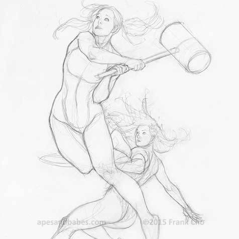 Frank Cho Harley Quinn and Poison Ivy preliminary sketch