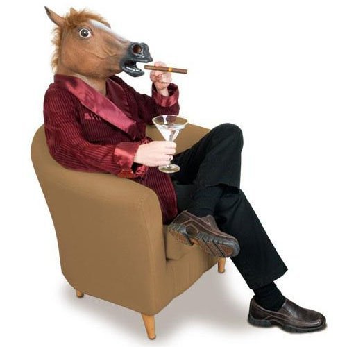 Man in a creepy horse mask and smoking jacket