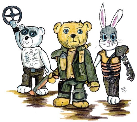 Mad Max 'Teddy Bear' Rockatansky, Imperator Furiosa Bunny and the War Boy Bear Nux the trio of heroes from Mad Max Fury (Furry) Road.