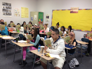 Jean's students with her novel.