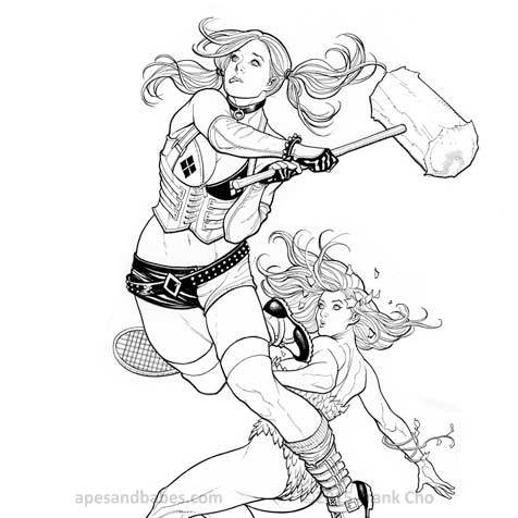 Frank Cho Harley Quinn and Poison Ivy art print line art