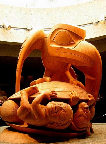 Sculpture by Bill Reid of Raven releasing the first men from a clam in the Haida creation story