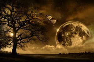 Sepia tone image of a night sky with two hot air baloons and a large planet/moon in the background