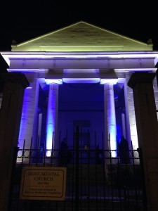The church beautifully lit at night. 