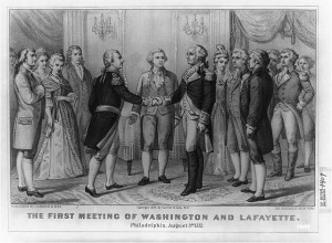 The First meeting of Washington and Lafayette, Philadelphia, Aug. 3rd, 1777 . Lithograph by Currier & Ives, c1876. Prints and Photographs Division.