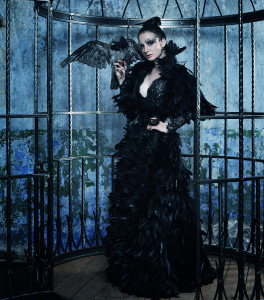 Gothic looking woman wearing a long back gown and holding a raven