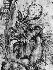 Detail of Satan from The Temptation of Christ, ca. 1500. Engraving, 22.6 x 16.9 cm. C. 150 - via Wikimedia Commons
