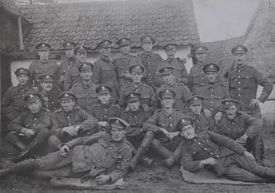 My grandfather, Tom Verrinder, seated second row down far left, with his Troop of the 9th Lancers in France in 1916.  All of these men are privates (the term 'trooper' was not used in Lancer regiments until after the war). The distinctive 9th Lancers cap badge can clearly be seen. Several of the men wear Good Conduct stripes (reverse chevrons on the lower left sleeve), awarded to Privates and Lance-Corporals for at least two years' service without being subject to formal discipline, and showing that these men had been with the regiment since 1914. The two men on the right also have the vertical wound stripe on the same sleeve. Since the wound stripe was first authorised by Army Order 206 of 6 July 1916, this gives a terminus post quem for the photograph, which was almost certainly taken late in the year as my grandfather was away from the regiment with a dismounted party from the start of the Somme offensive on 1 July for almost five months (photo from my grandfather's collection).