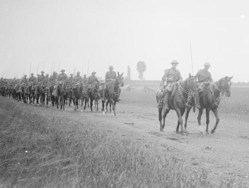 British army lancers - the regiment unidentified, but very possibly the 9th Lancers -  on the move on a side track off the Albert-Amiens road, July 1916 (photo: Lt John Warwick Brooks, Imperial War Museum (IWM) Q 4054).