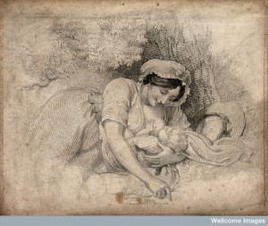 A woman breast feeding her child. Stipple engraving, 1810. Credit: Wellcome Library, London.