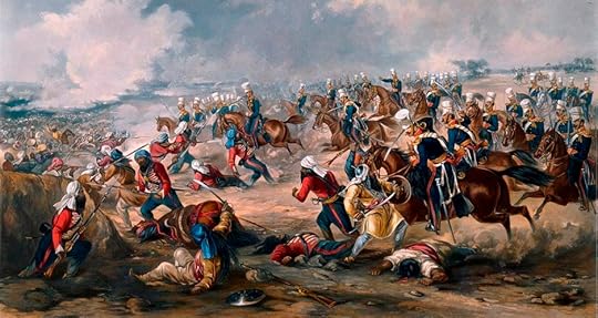 This famous image of the charge of the 14th Light Dragoons at the Battle of Ramnuggur in 1848 - in which the commanding officer, Colonel Havelock, and 11 of his troopers were killed - is the only contemporary depiction of the regiment in action during the Punjab War or the Indian Mutiny (coloured aquatint by J. Harris after H. Martens, published by Rudolf Ackermann, 26 January 1851; this example in the National Army Museum).