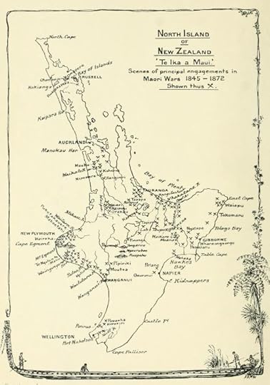 A map of the North Island of New Zealand from the James Cowan's The New Zealand Wars: a History of the Maori campaign and the Pioneering Period (1922), showing Hawke's Bay, the town of Napier, the site of the battle at Ommaruni, and Cape Kidnappers, the location of Clifton Station.