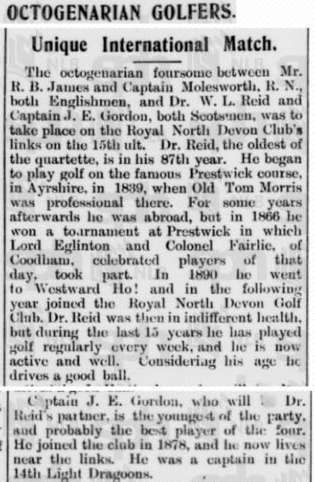 Part of an article in The Straits Times (Singapore) of 10 December 1906 on the 'Octogenarian Foursome', including Captain T.E. Gordon (the initial J is an error). In fact, he was only 78 at the time, though the combined ages of all four men did produce an average age of over 80!