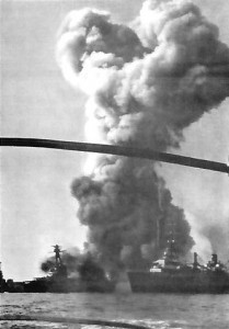 Smoke rising from French battleship Bretagne, Mers-el-Kébir, Algeria, 3 Jul 1940