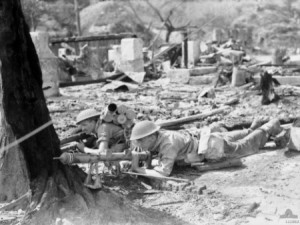 Private Aubrey Carl Kotz and Private W. Spence of 7 Platoon, A Company, Australian 2/10 Battalion during Battle of Balikpapan, Borneo, 3 Jul 1945 (Australian War Memorial)