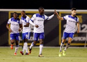 Lance Laing accepts congratulations for a goal. PHOTO: NASL