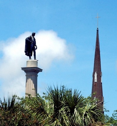 The John C. Calhoun statue can be seen alongside the steeple of Citadel Square Baptist Church in Marion Square.(Leroy Burnell/File)