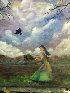 A cloudy start (closeup of girl and bird blocked in) Work in process Dawn Blair ©2015