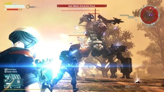 Battling a Dark Matter mech during a major Arkfall in Defiance