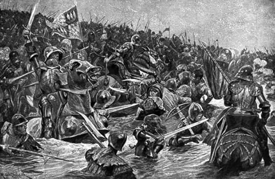 Armored men on horses and on foot attack each other with swords and polearms