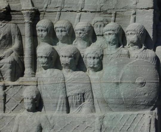 Ancient carving of Roman soldiers on the base of Theodosius I's obelisk in Constantinople (c. 390). The troops belong to a regiment of palatini as they are here detailed to guard the emperor