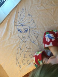 Something I drew for my daughter today, to keep her busy. Elsa, in marker, on flannel, freehand.