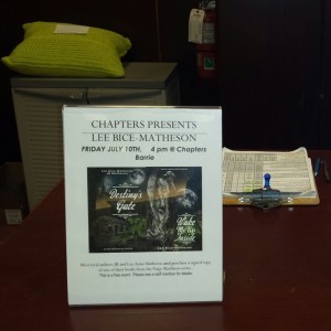 Chapters tweeted about us, Facebooked too and had signs found around the store and at the check-out. Very kind staff and supportive to authors! Thank you kindly Erica, Christina and Harold!