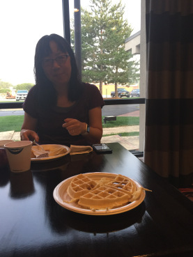 Sharing a waffle with Debbie Ohi