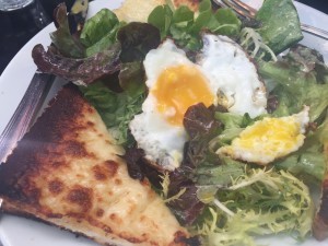 No visit to Paris would be complete, gastronomically speaking, without a Croque Monsieur, the signature sandwich, made with ham, cheese, and béchamel sauce, and toasted. I had the Croque Madame, which comes with an egg. The French almost always have salad as a part of their meal. I ate this at a so-so café that seems oriented toward tourists, and yet it tasted better than any Croque Monsieur or Madame I've had in the U.S.
