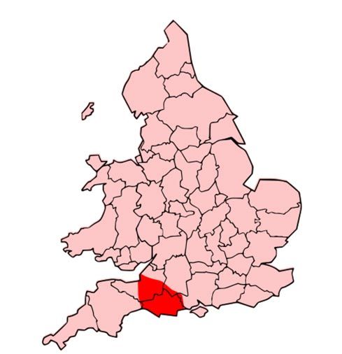 The boundaries of England and Wales; the territory of the Durotriges tribe is overlaid in red.